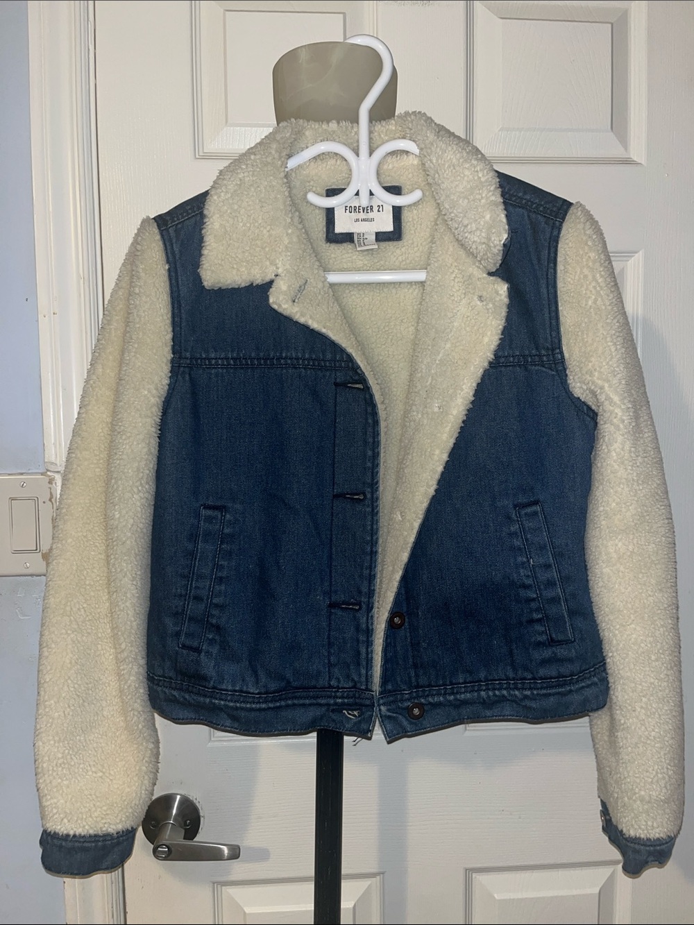 Forever 21 Blue Denim Jacket with Cream Sherpa Sleeves